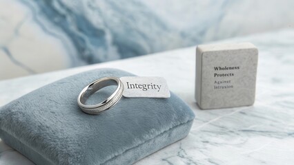 A silver band ring with the word Integrity on a label, resting on a blue velvet cushion next to a marble backdrop and a box