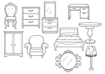 Hand Drawn Furniture Line Art Set with Chair, Bed, Table and Mirror