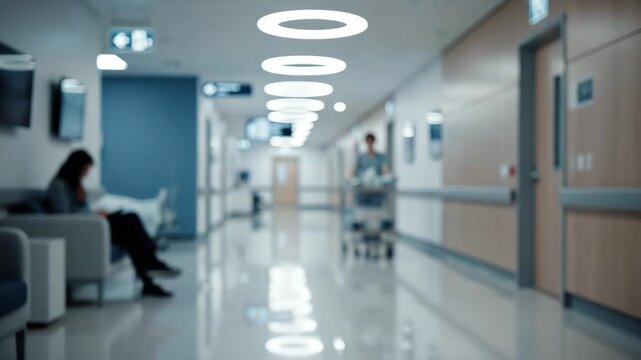 Blurred view of busy hospital corridor with medical staff pushing a cart and a patient waiting, 4k high quality video