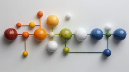 Obraz premium Colorful Sphere Grid: Modern Minimalistic Design with Interconnected Spheres in Various Sizes and Colors on White Background
