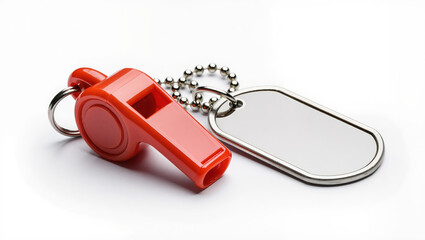 Whistle with keychain on white background used for emergency and drill situations to signal attention and safety in urgent moments