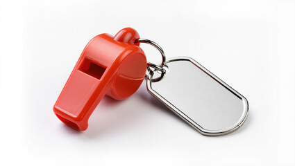 Red whistle with metal keychain isolated on white background for emergency drill use safety alert and signaling device