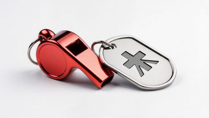 Red whistle and metal keychain with symbol on white background for emergency drill safety alert and warning concept