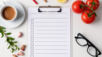 Empty checklist on clipboard with coffee and fresh vegetables for emergency drill planning and healthy lifestyle