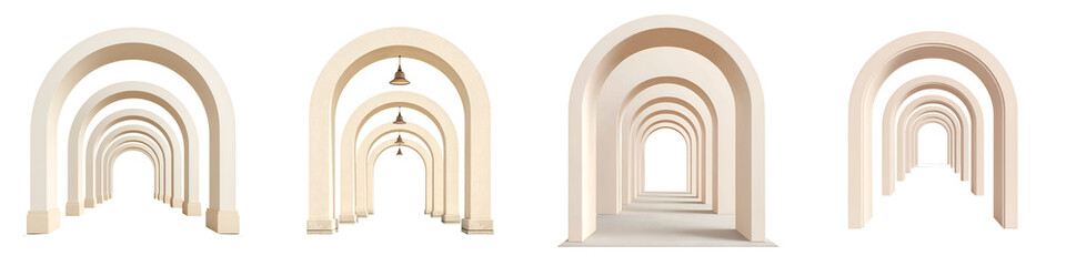 Fototapeta premium Arcade Tunnel Set: White Columns and Archways Isolated on White