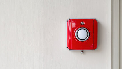 Emergency drill concept with red alarm button on white wall for safety alert and warning system in building or workplace environment