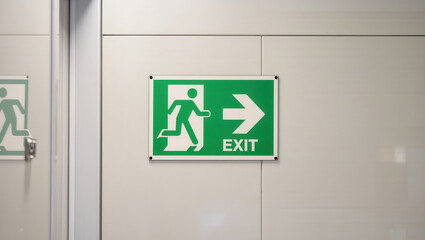 Emergency exit sign on wall with arrow pointing right for drill safety guidance in building corridor