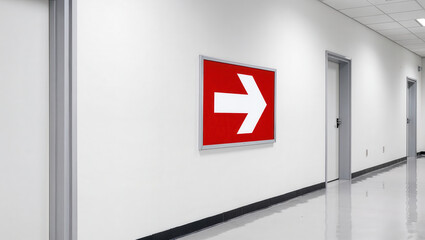 Emergency drill sign with white arrow on red background mounted on white wall in clean modern hallway with doors