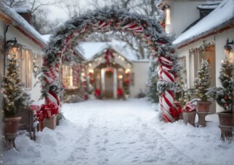 Winter Wonderland: Snowy Pathway to Christmas House with Candy Cane Archway, Festive Decorations, and Cozy Atmosphere