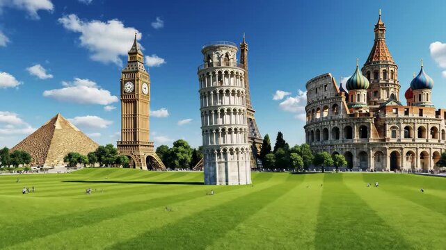 Famous world landmarks composite image statue of liberty, pyramid, big ben, eiffel tower, leaning tower of pisa, and colosseum on green field, 4k high quality video