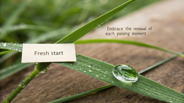 A single perfectly formed dewdrop clinging to a blade of green grass with a motivational quote - Powered by Adobe