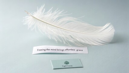 A single white feather suspended motionlessly above a paper with a quote and a tile labeled lightness