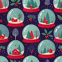 Seamless pattern of festive snow globes featuring winter scenes with red houses and evergreen trees