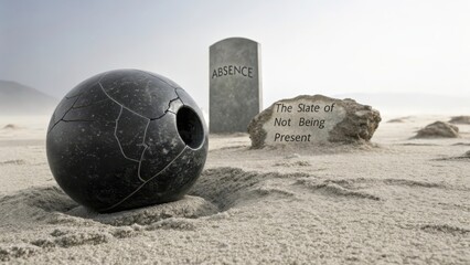 A solitary cracked obsidian sphere rests beside a tombstone inscribed with 'Absence' and a boulder stating 'The State of Not Being Present' in a desolate desert landscape.