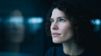 A captivating close-up of a woman lost in thought, her gaze directed towards an unseen world, conveying a sense of deep contemplation and introspective serenity.