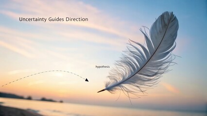 A single white feather drifts against a soft gradient sky, illustrating direction and hypothesis
