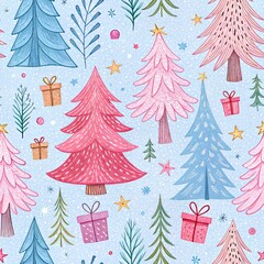 Whimsical seamless pattern featuring stylized pink and blue Christmas trees with falling snow and gifts