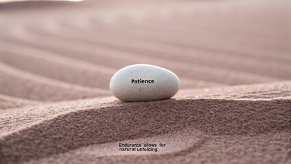 A single white stone inscribed with the word Patience rests on a serene, rippled sandy surface