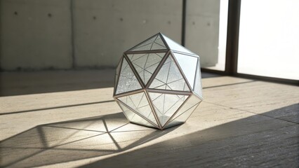 A Solitary Geometric Polyhedron Object of Glass and Metal in Minimalist Interior
