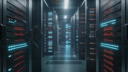 Server room with rows of data servers and glowing lights