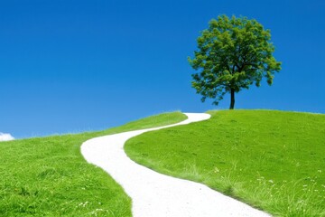 Scenic winding path on a vibrant green hill towards a lone tree under a clear blue sky