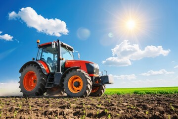 Powerful farm tractor cultivating soil in a sunny agricultural field under a bright blue sky