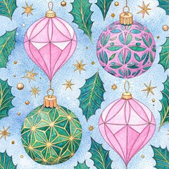 Watercolor seamless pattern with pink and green Christmas ornaments holly leaves and golden stars on light blue