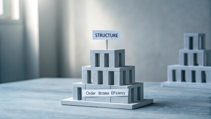 A tiered miniature building constructed from blocks labeled 'STRUCTURE' and 'Order Dictates Efficiency' on a muted surface.