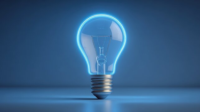 A glowing light bulb with a vibrant blue neon-like outline stands against a matching blue background, symbolizing innovation and new ideas.