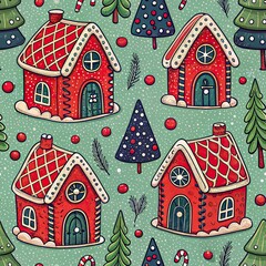 Seamless pattern of colorful cartoon gingerbread houses and Christmas trees on a snowy background