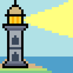 Lighthouse with sea background in pixel art style.