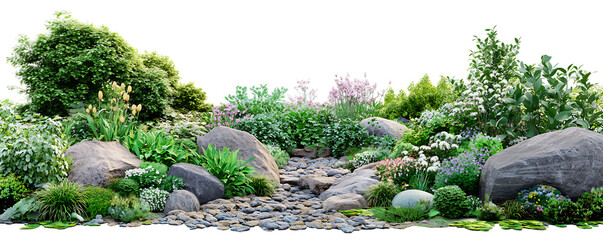 A vibrant landscape featuring lush greenery rocks and a small stream