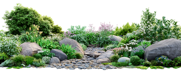 A vibrant landscape featuring lush greenery rocks and a small stream