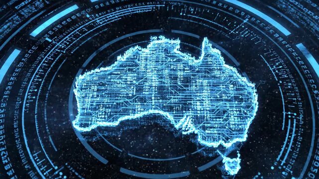 Digital map of australia with futuristic blue circuitry and data overlay, 4k high quality video