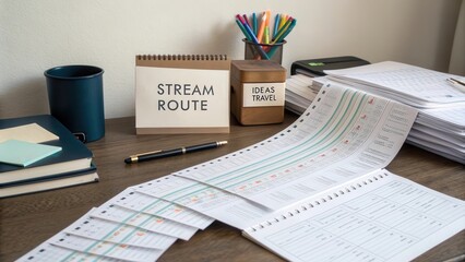 Desk setup with scattered papers and writing supplies for planning stream routes and travel ideas