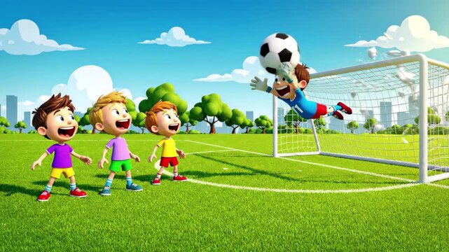 Three cartoon boys playing soccer on a grassy field with a goalkeeper near the goal, 4k high quality video