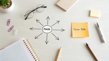 Diagram of Main Focus and radiating directional arrows on a clean office desk with planning notes