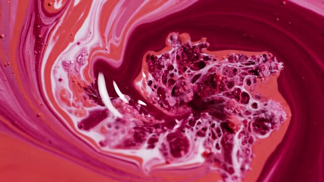 Abstract macro shot of swirling pink, red, and white liquid paint or cosmetic mixture with powder particles, 4k high quality video