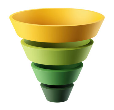 Funnel diagram with four layers in green and yellow gradient colors showing conversion stages, isolated on transparent background