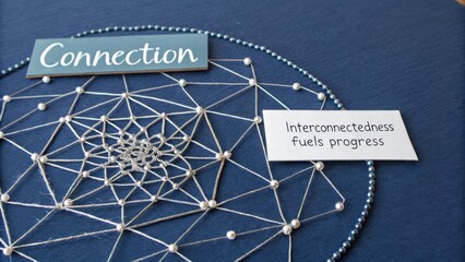 Intricate Silver Thread Network Design with 'Connection' and 'Interconnected' Labels