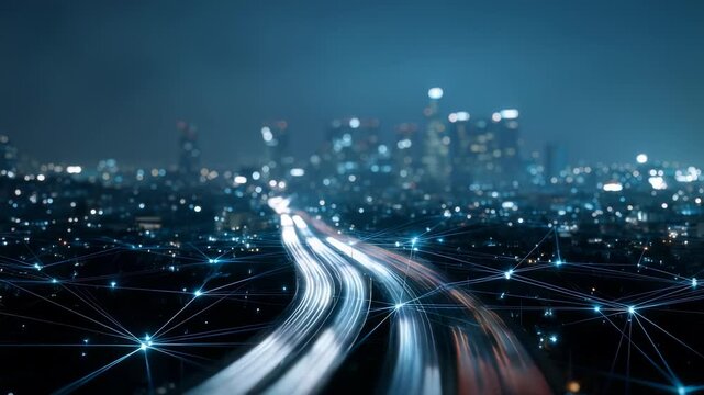 Long exposure of a modern highway with light trails and digital lines representing data flow and connectivity. The blurred city skyline in the background highlights urban innovation