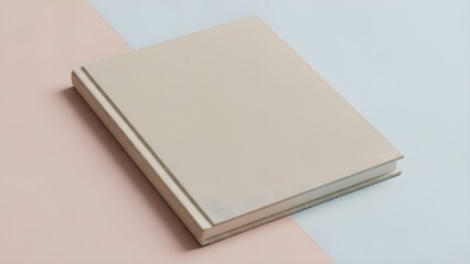 Fototapeta premium Blank beige book cover mockup with textured edges resting on a pastel pink and light blue background, closeup view of a closed notebook or journal