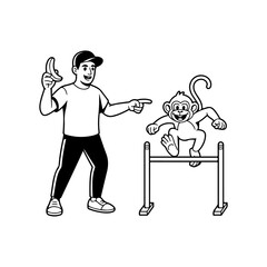 A man is training a monkey to jump over a hurdle with a banana reward