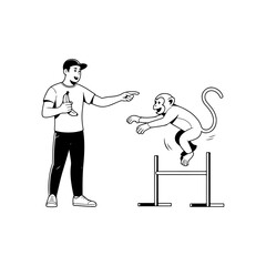 A man is training a monkey to jump over a hurdle with a banana reward