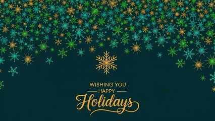Vibrant holiday greeting card design featuring a beautiful cascade of shimmering golden and green snowflakes, conveying warm seasonal wishes and festive cheer