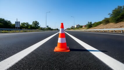 Orange and white traffic cone on a newly paved highway with clear blue sky.