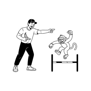 A man is training a monkey to jump over a hurdle with a banana reward