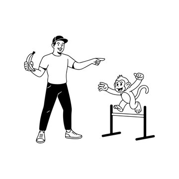A man is training a monkey to jump over a hurdle with a banana reward
