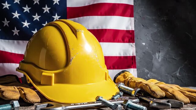 Yellow hard hat, work gloves, tools, and american flag for labor day or construction concept, 4k high quality video