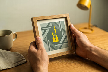 Hands holding a frame with a phishing scam icon for cybersecurity